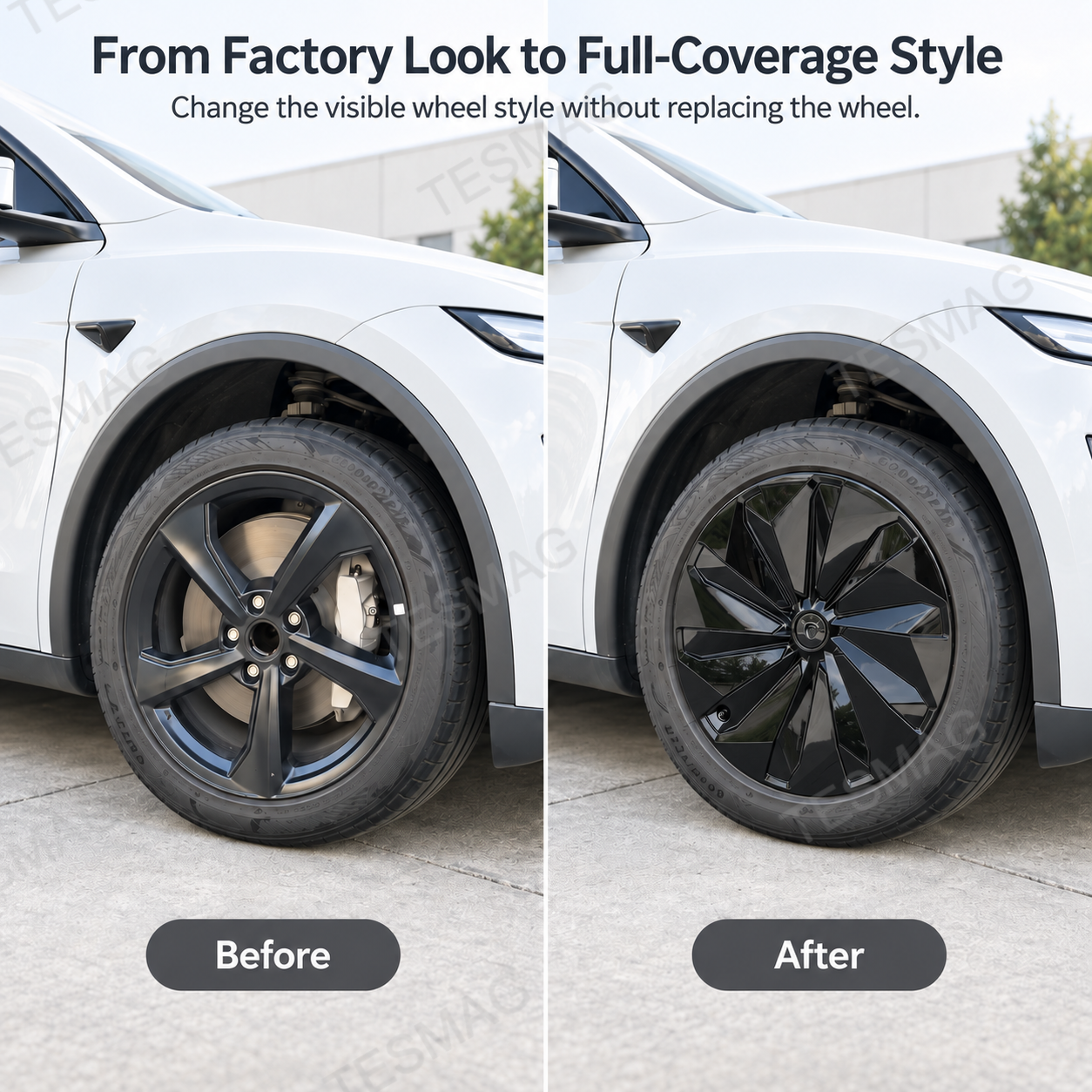 Bare wheel versus gloss black full-coverage wheel cover on Tesla Model Y Juniper