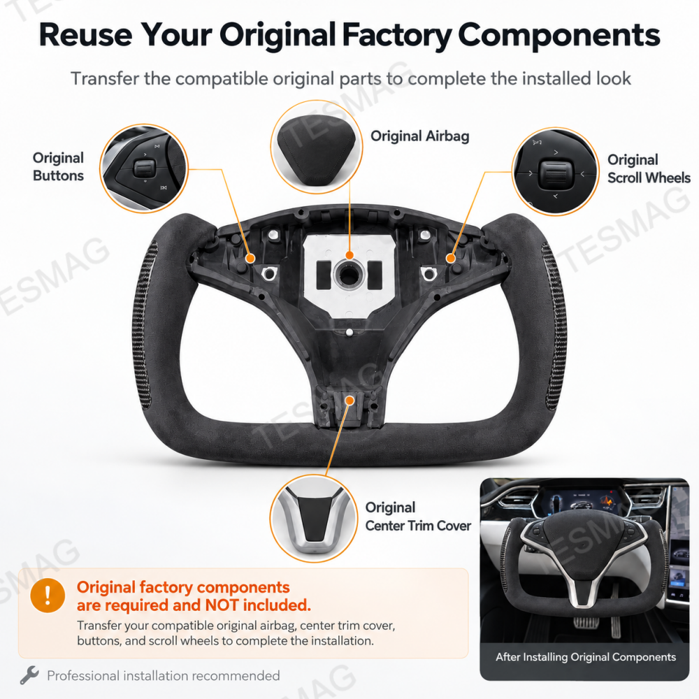 Bare yoke steering wheel frame diagram showing original airbag and controls to transfer