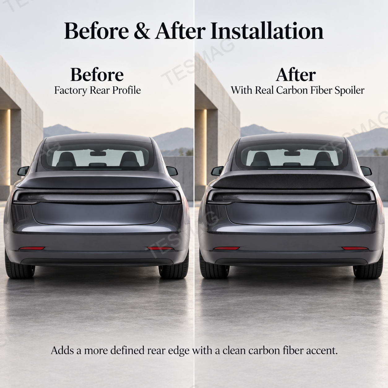 Before and after Model Y Juniper rear view with real carbon fiber spoiler installed