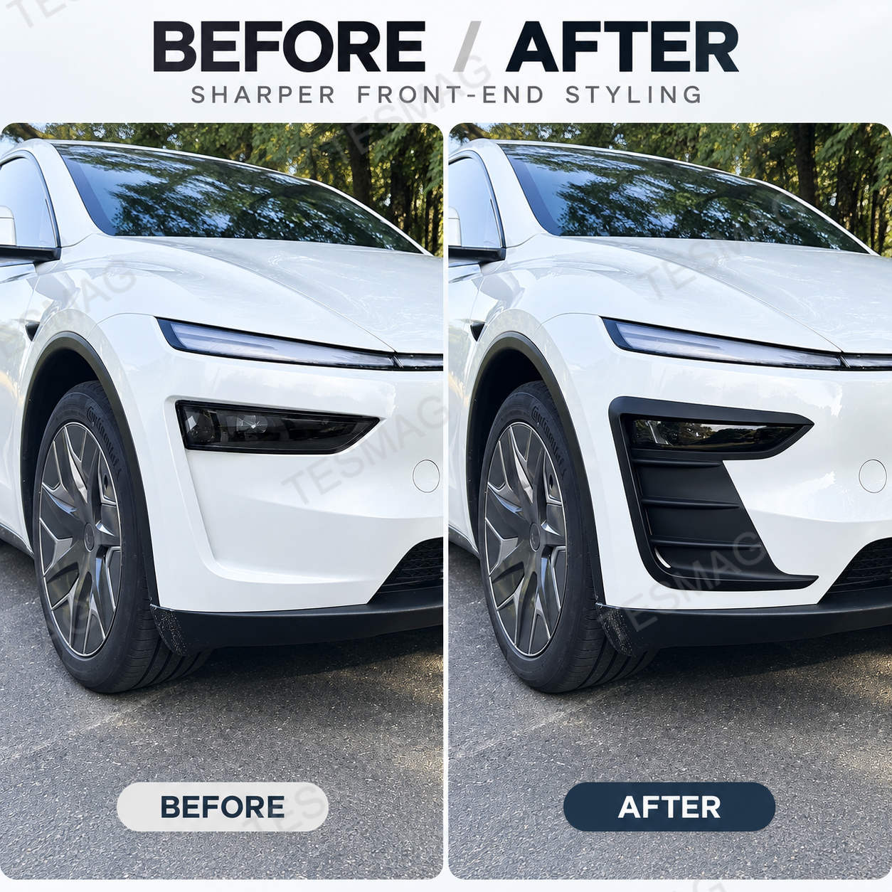 Before and after Tesla Model Y Juniper front bumper trim installation comparison