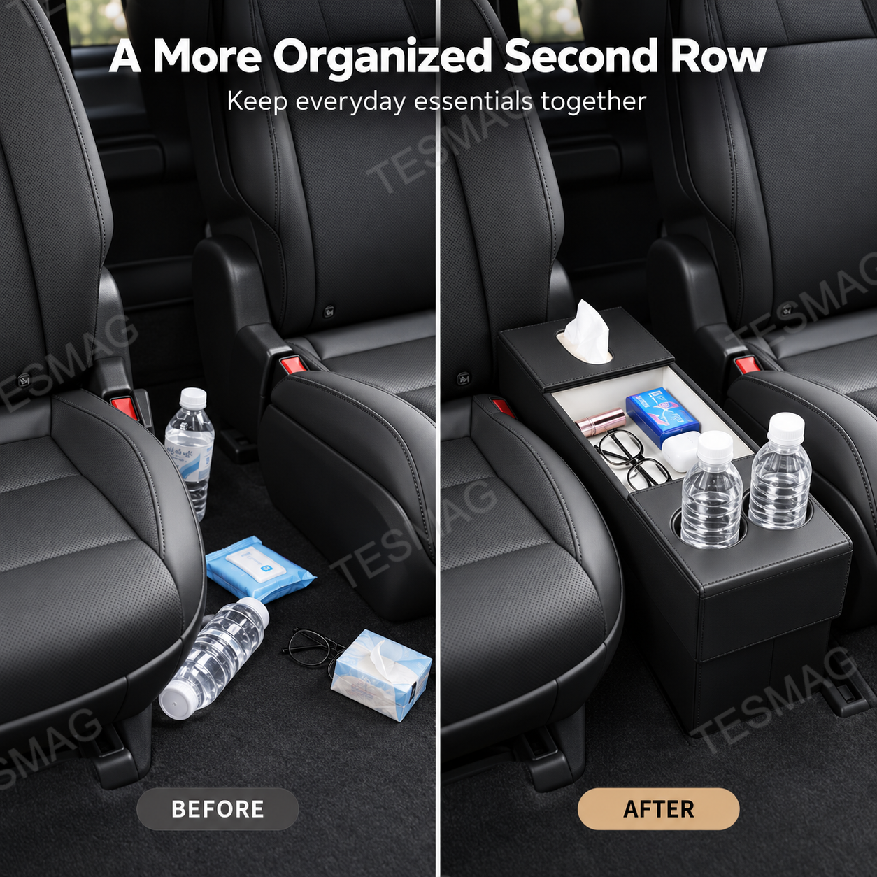 Before-and-after Tesla Model YL second-row aisle with loose items and an organizer