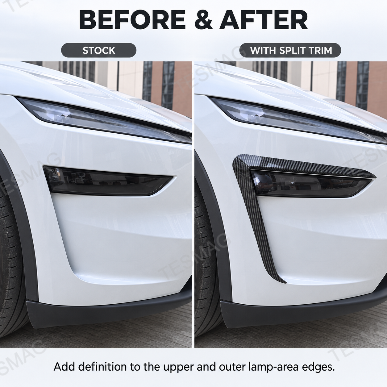 Before-and-after close-up of Model Y Juniper front lamp area with split trim installed