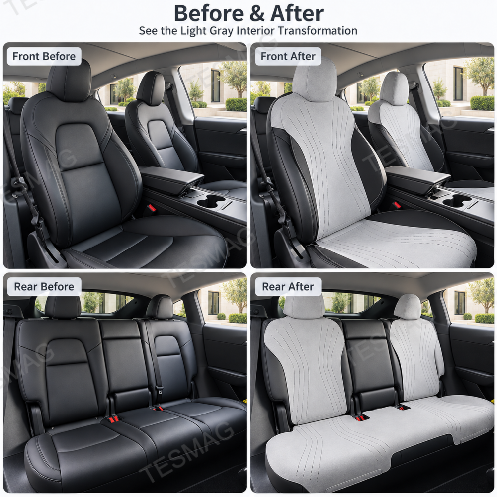 Before and after views of Model Y Juniper front and rear seats with light gray covers