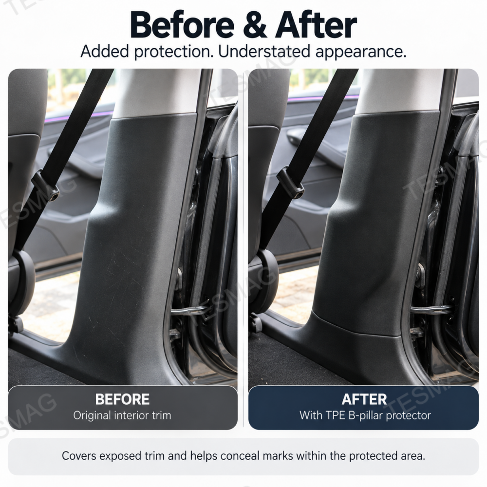 Before and after views of Model Y Juniper lower B-pillar trim with TPE guard