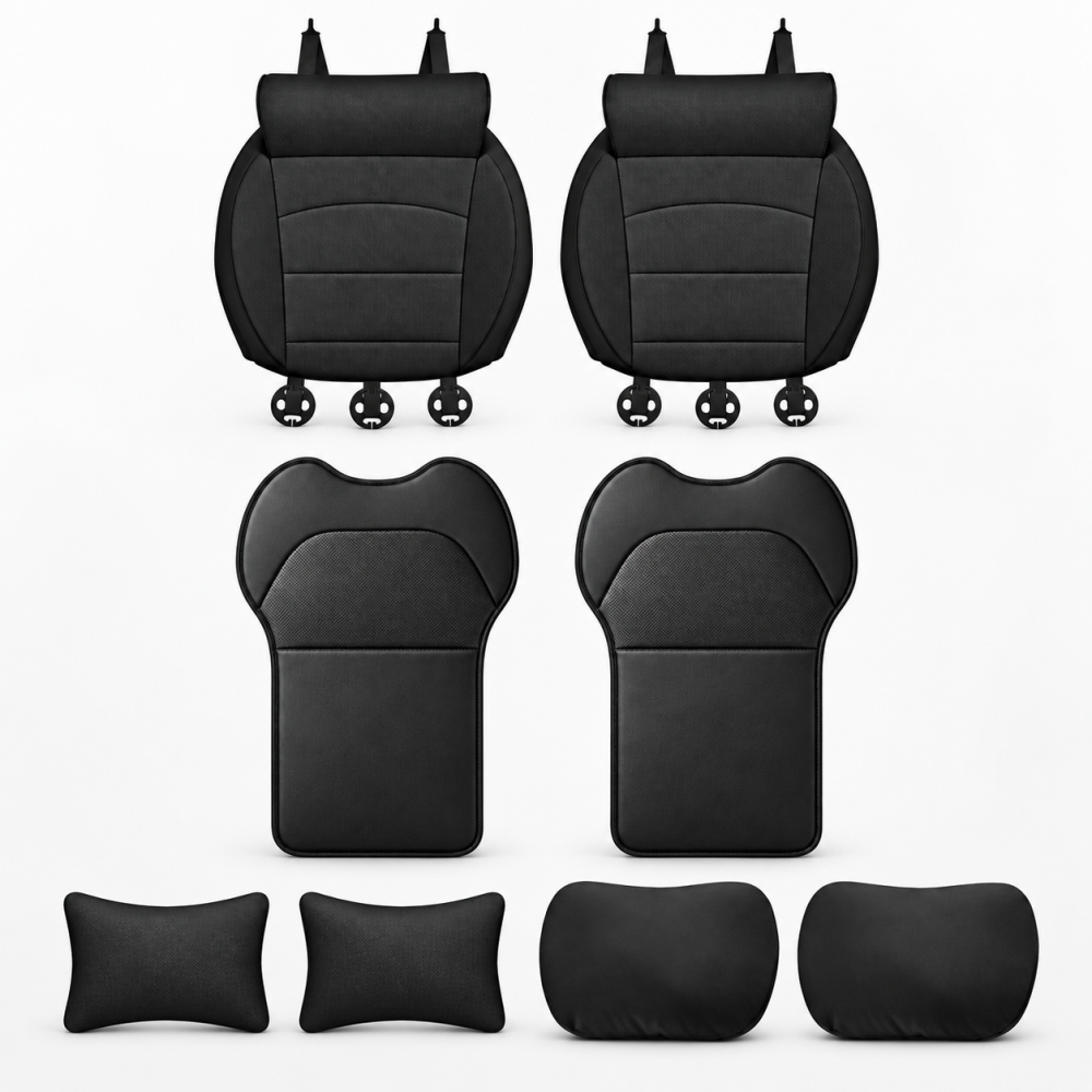 Black 8-piece Tesla front seat comfort set with cushions, backrests, and pillows
