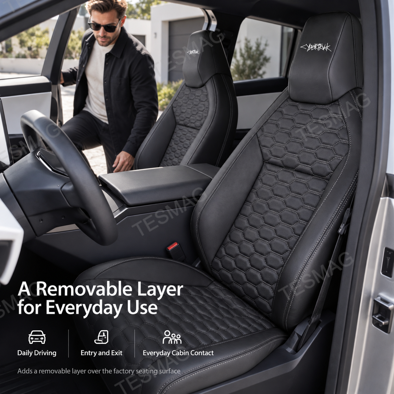 Black Cybertruck seat covers shown during everyday driver entry and cabin use
