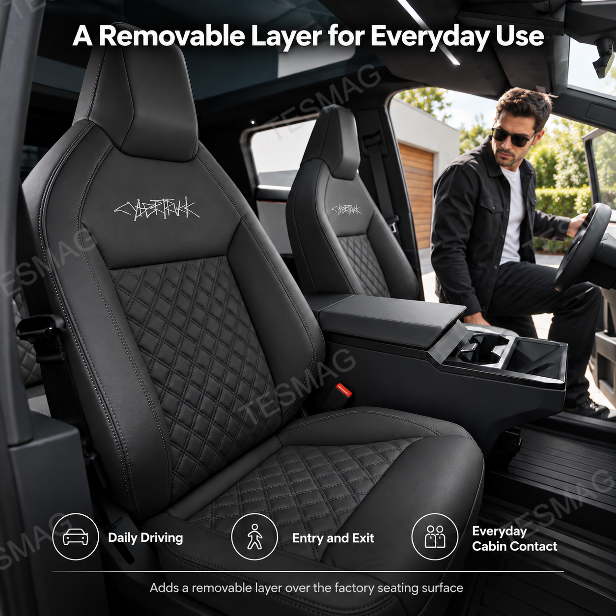 Black Cybertruck seat covers shown during everyday driver entry and cabin use