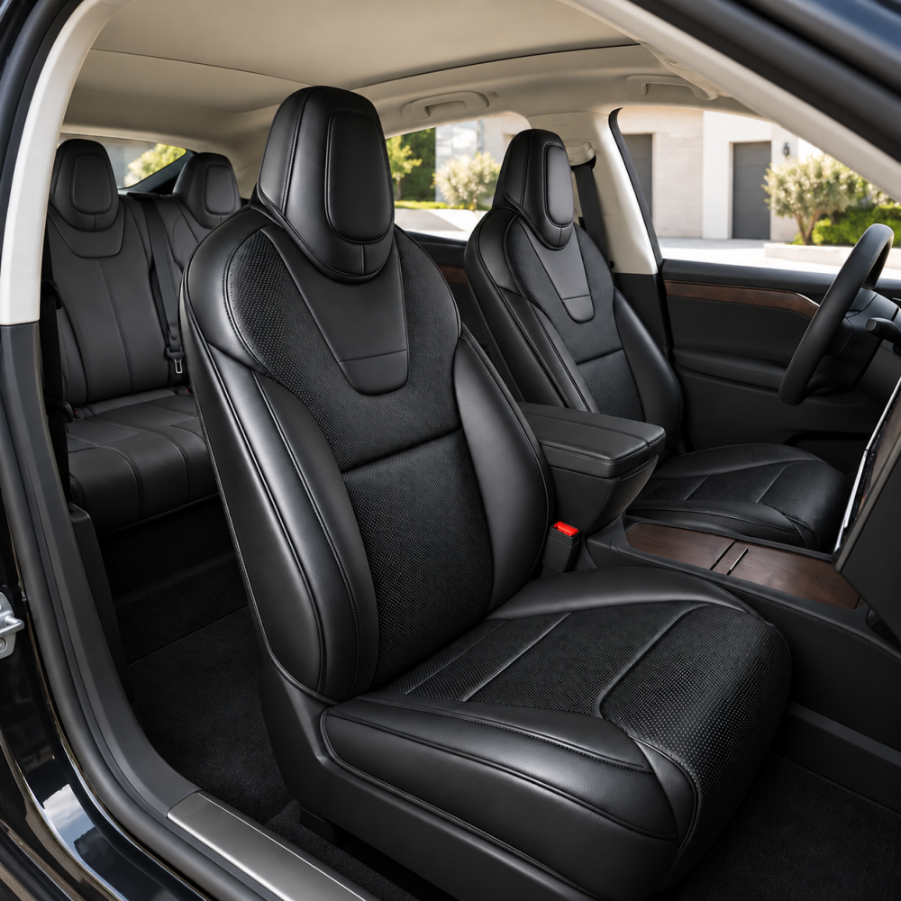 Black NAPPA leather seat covers installed in a Tesla Model S or Model X interior