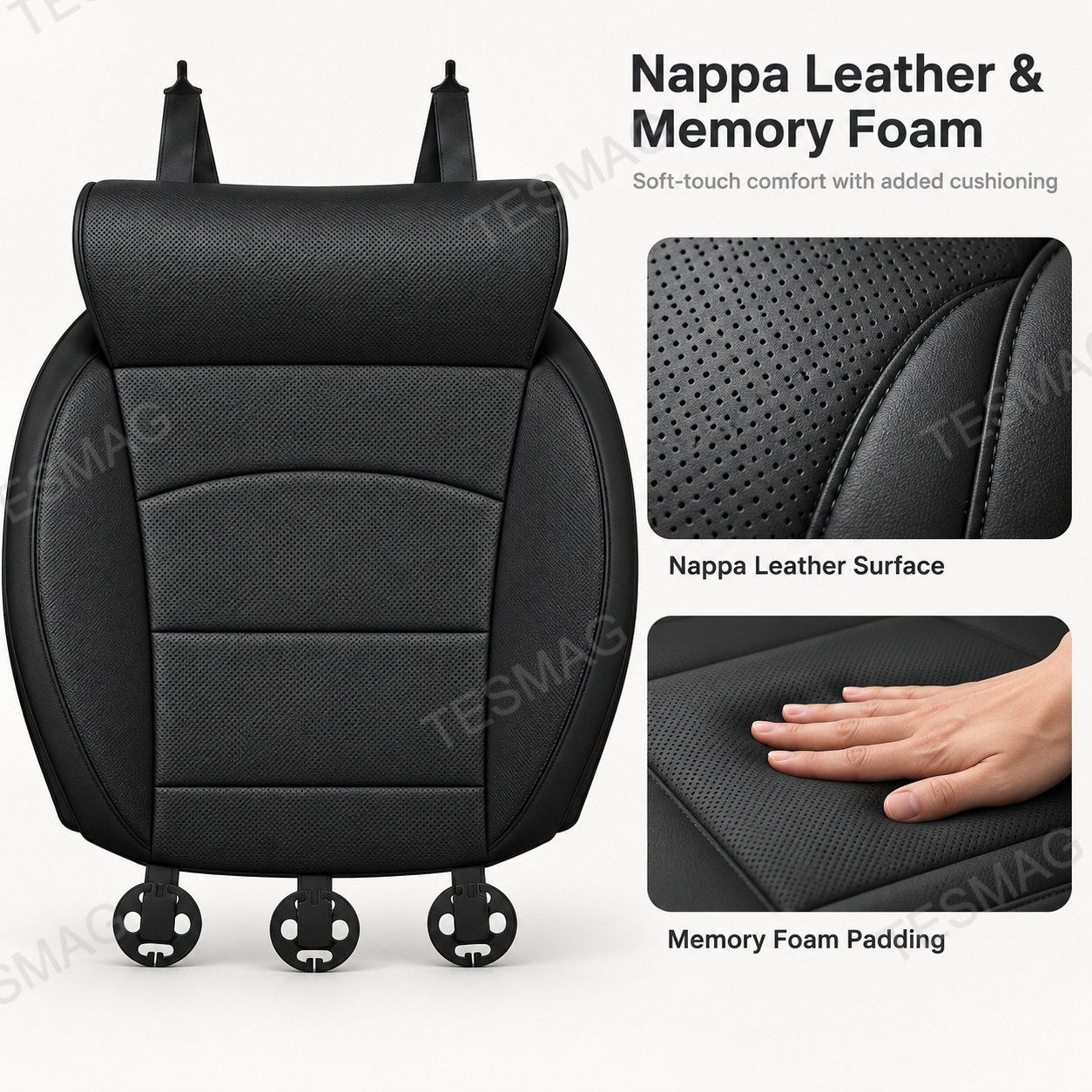 Black Nappa leather Tesla seat cushion with memory foam and perforated detail