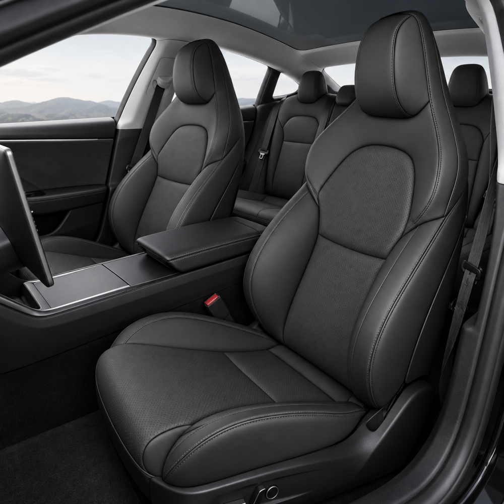 Black Nappa leather seat covers installed in a Tesla Model 3 Highland 2024+ cabin