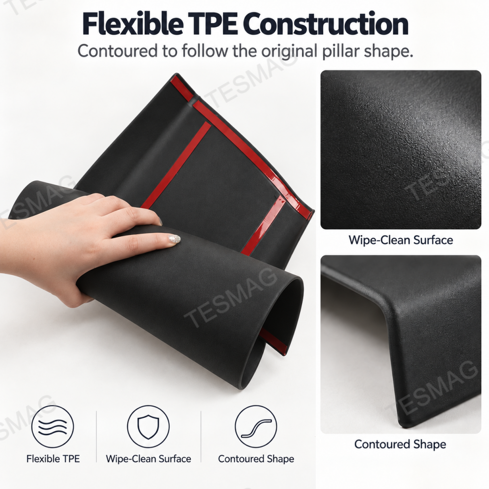 Black TPE B-pillar guard flexed by hand with surface texture and edge close-ups