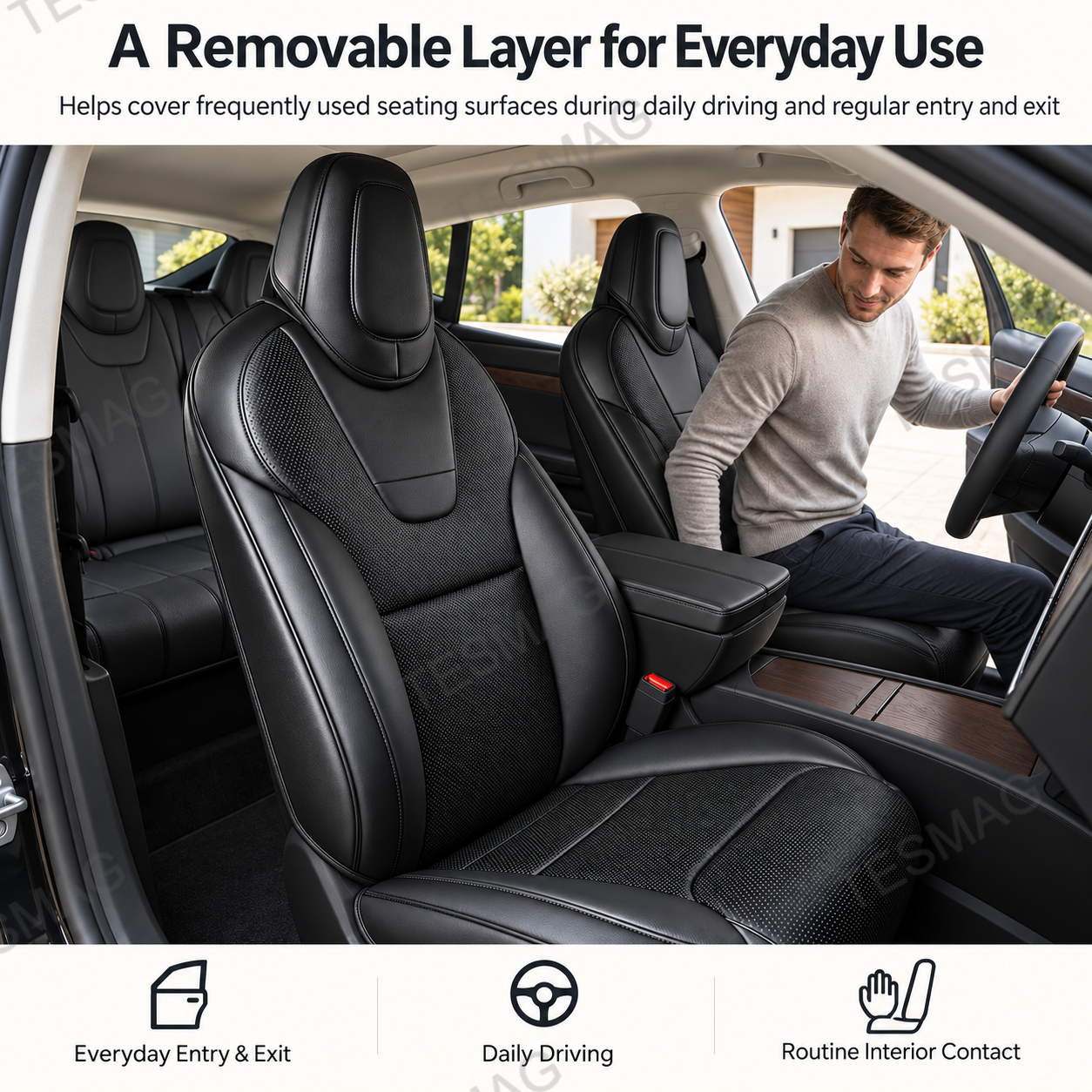 Black Tesla seat covers shown during everyday driver entry and regular cabin use