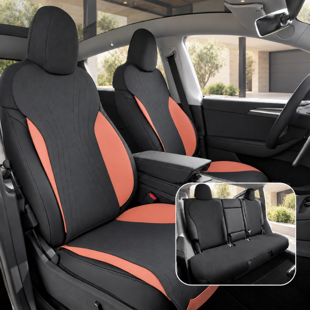 Black and orange Model Y Juniper front seat covers with a rear bench inset