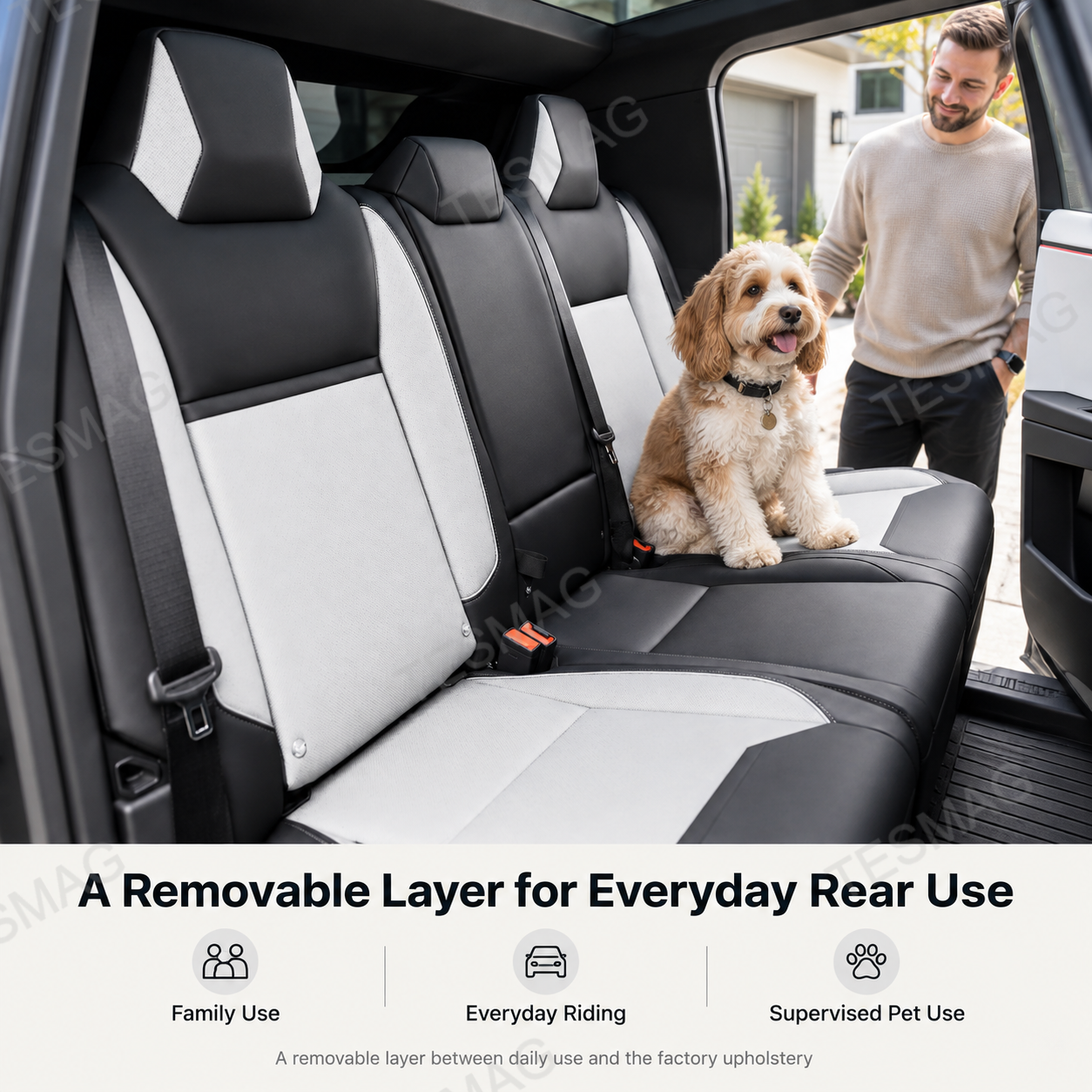 Black and white Cybertruck rear seat covers shown with supervised pet use