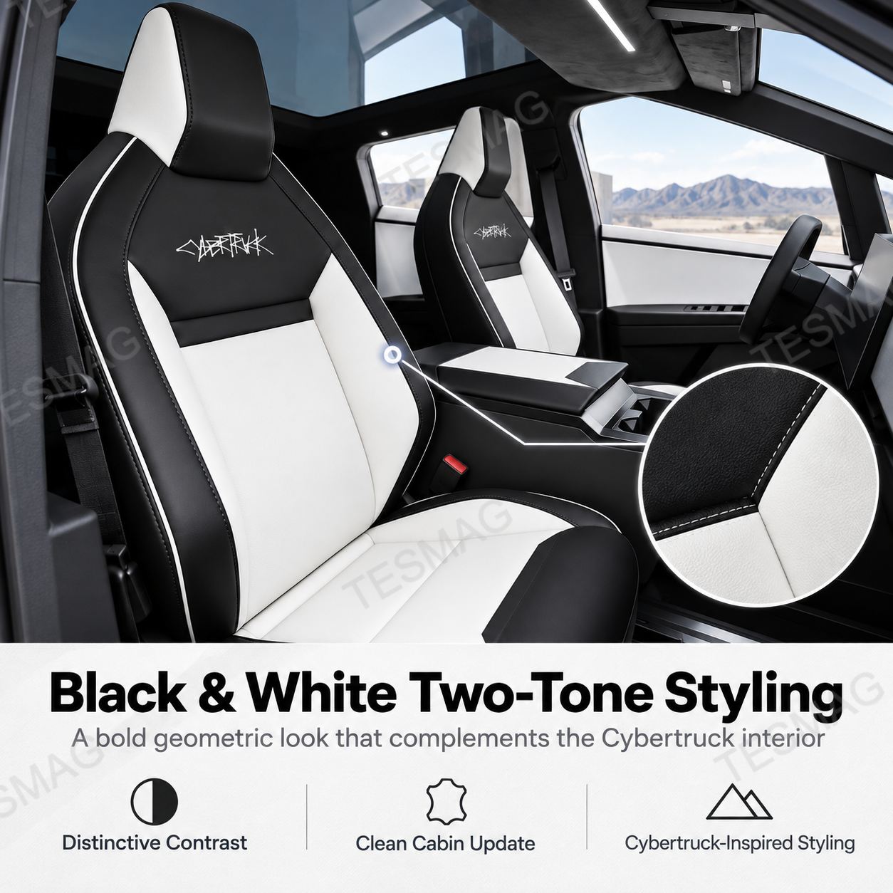 Black and white Cybertruck seat covers with close-up of two-tone panel stitching