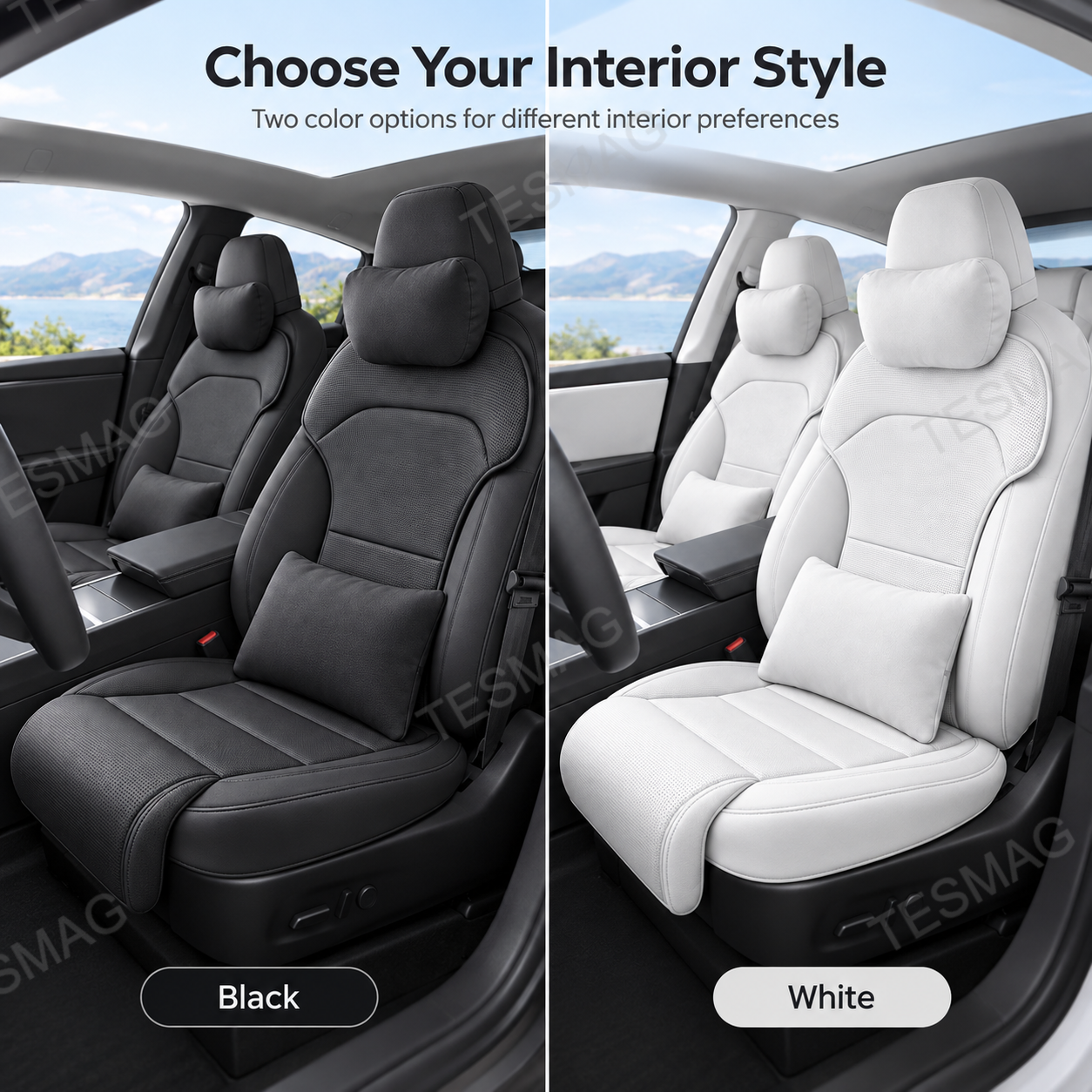 Black and white Tesla seat comfort sets shown in matching interior styles