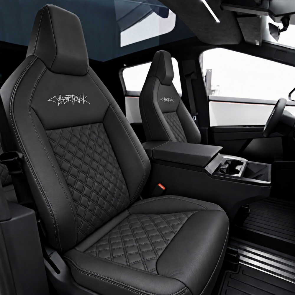 Black diamond-quilted Nappa leather seat covers in a Tesla Cybertruck interior