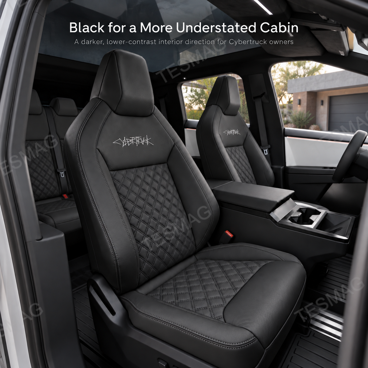 Black full-wrap seat covers installed in a Tesla Cybertruck 2024+ cabin