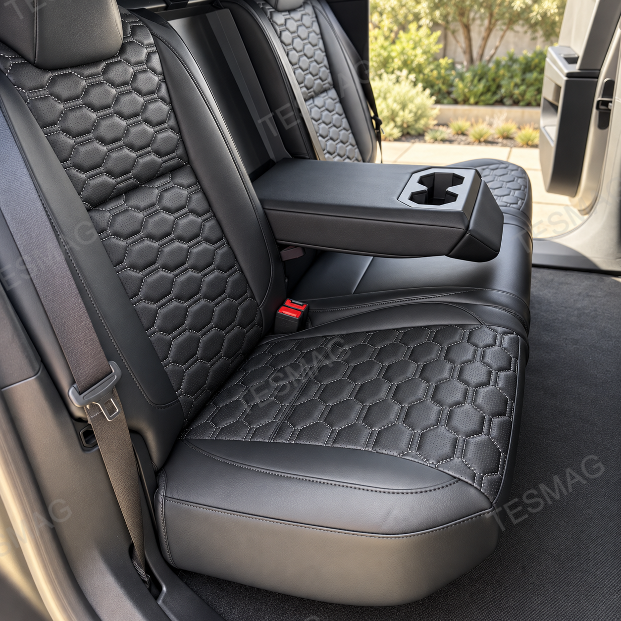 Black leather rear car seat cover with hexagonal-quilted and center armrest cup holder