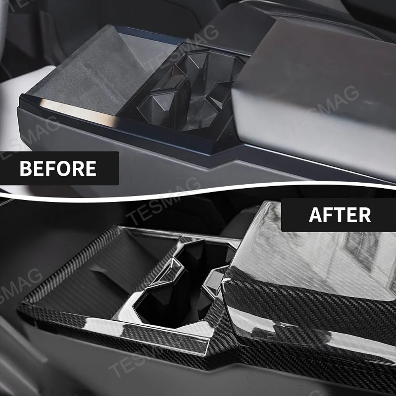 Carbon Fiber Center Console Cup Holder Panel Trim Cover for Tesla Cybertruck