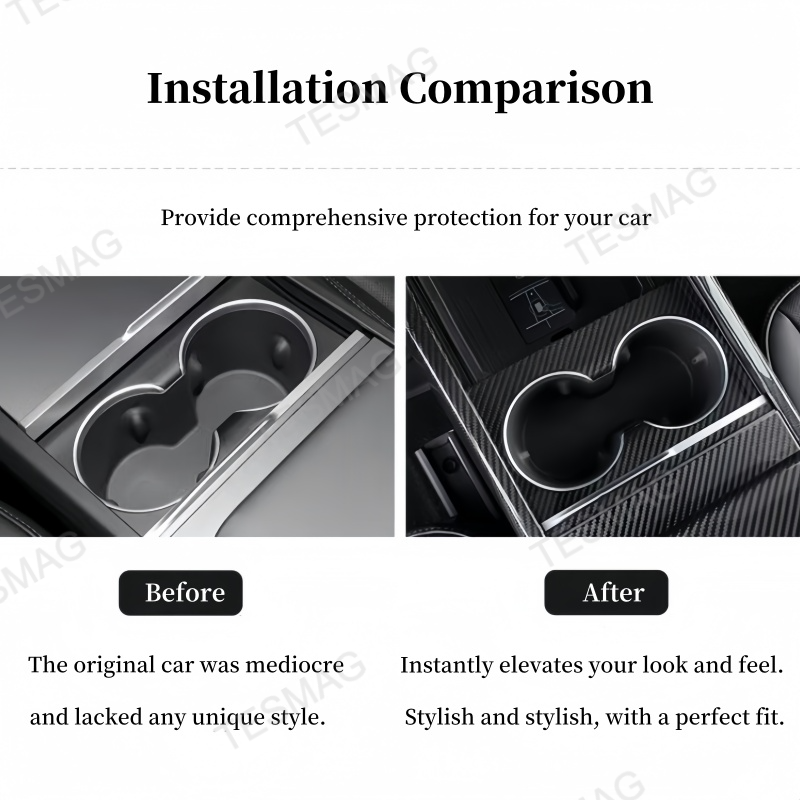 Carbon Fiber Console Cup Holder Overlay Cover for Tesla Model 3 Highland/Model Y Juniper