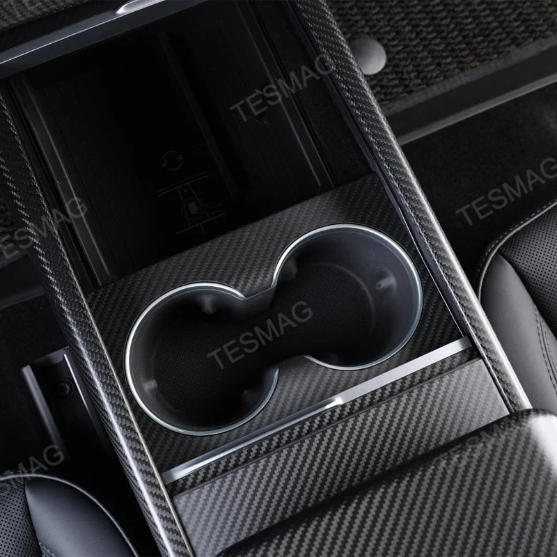 Carbon Fiber Console Cup Holder Overlay Cover for Tesla Model 3 Highland/Model Y Juniper
