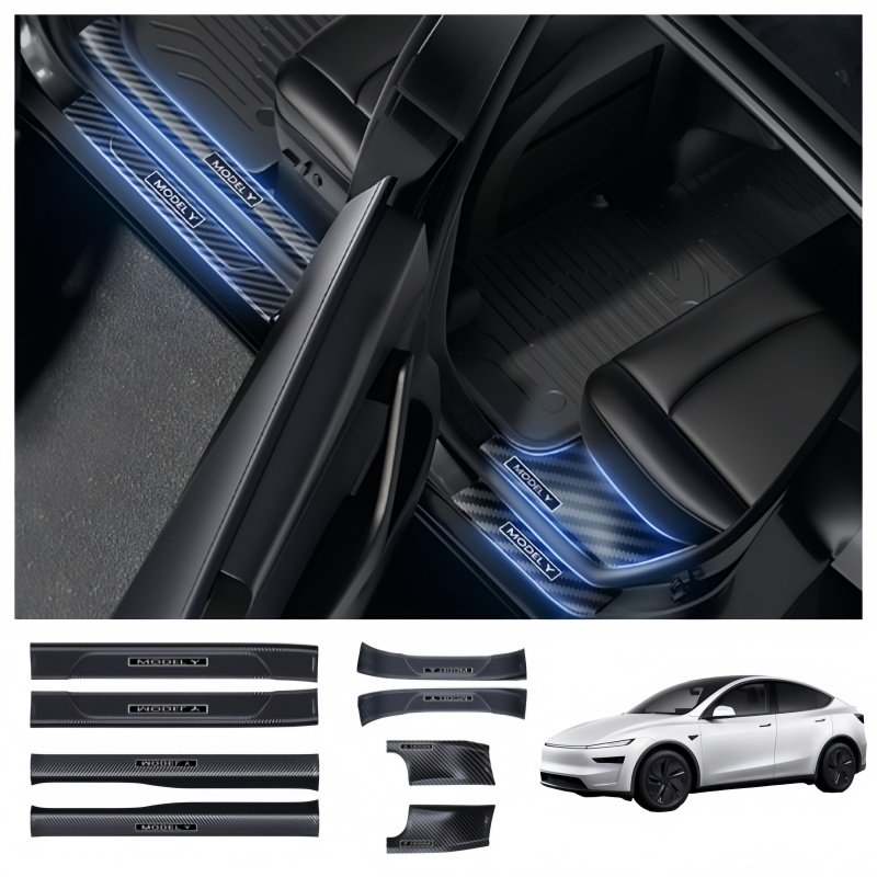 Carbon Fiber Style Front and Rear Door Sill Protector Set for Tesla Model Y Juniper