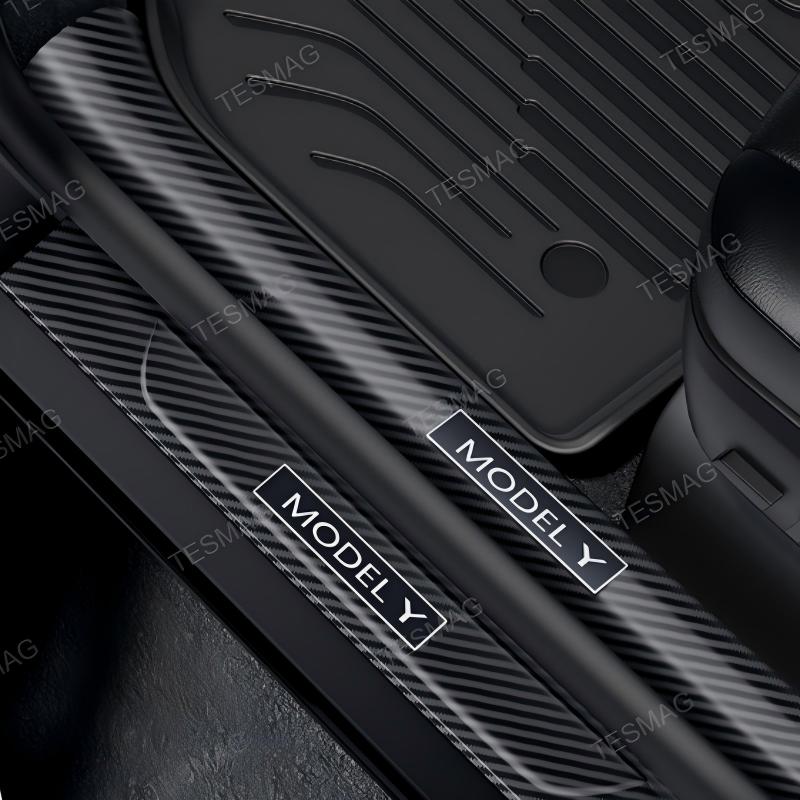Carbon Fiber Style Front and Rear Door Sill Protector Set for Tesla Model Y Juniper
