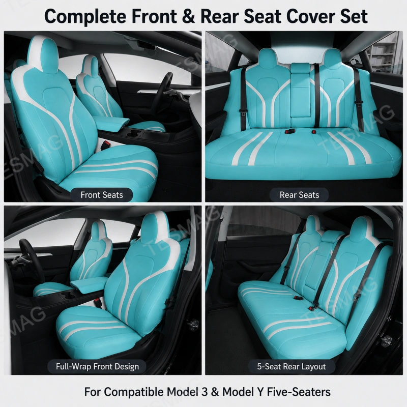 Tiffany Blue Nappa Leather Seat Covers for Tesla Model 3/Y 5-Seater