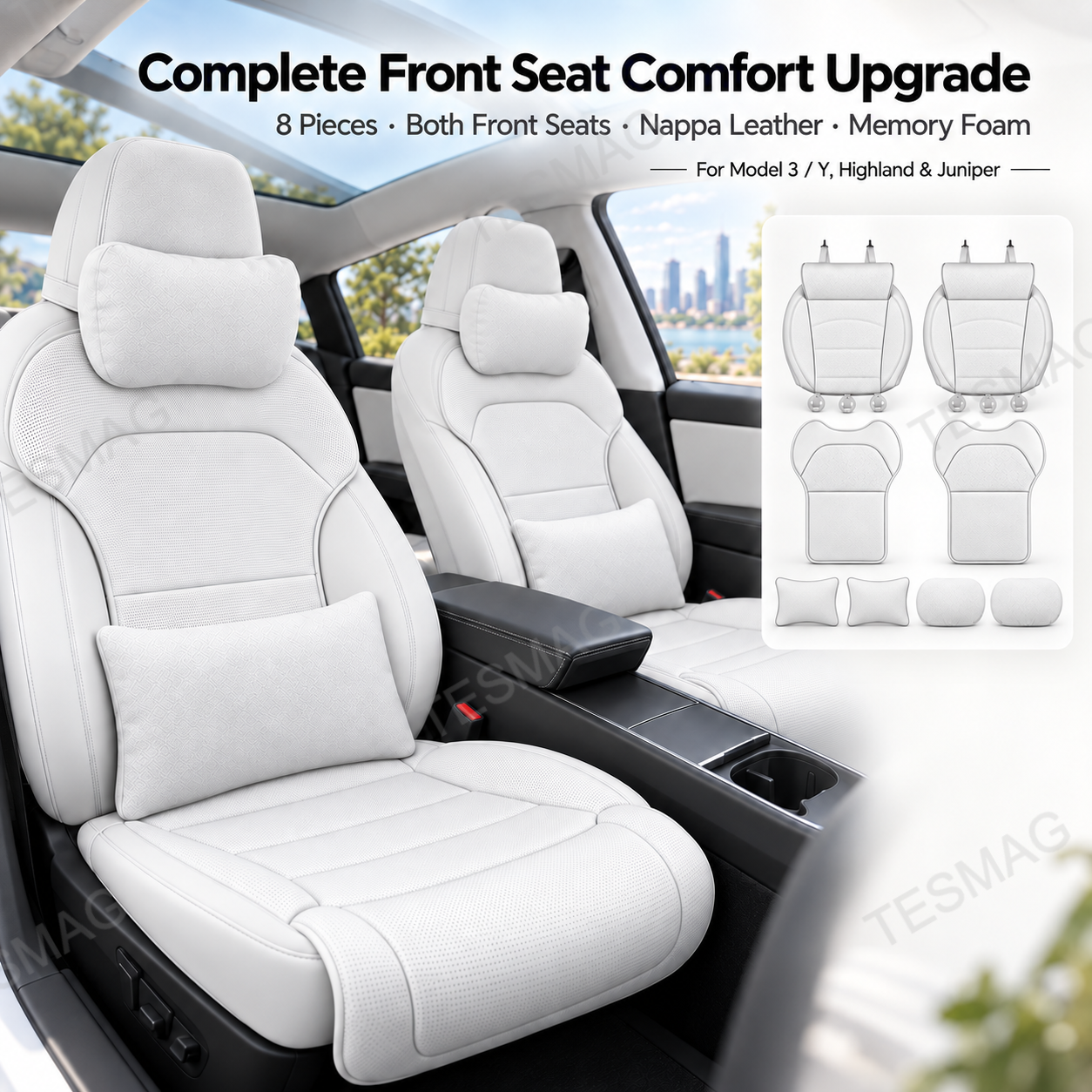 Complete white Tesla front seat comfort upgrade with 8-piece set preview