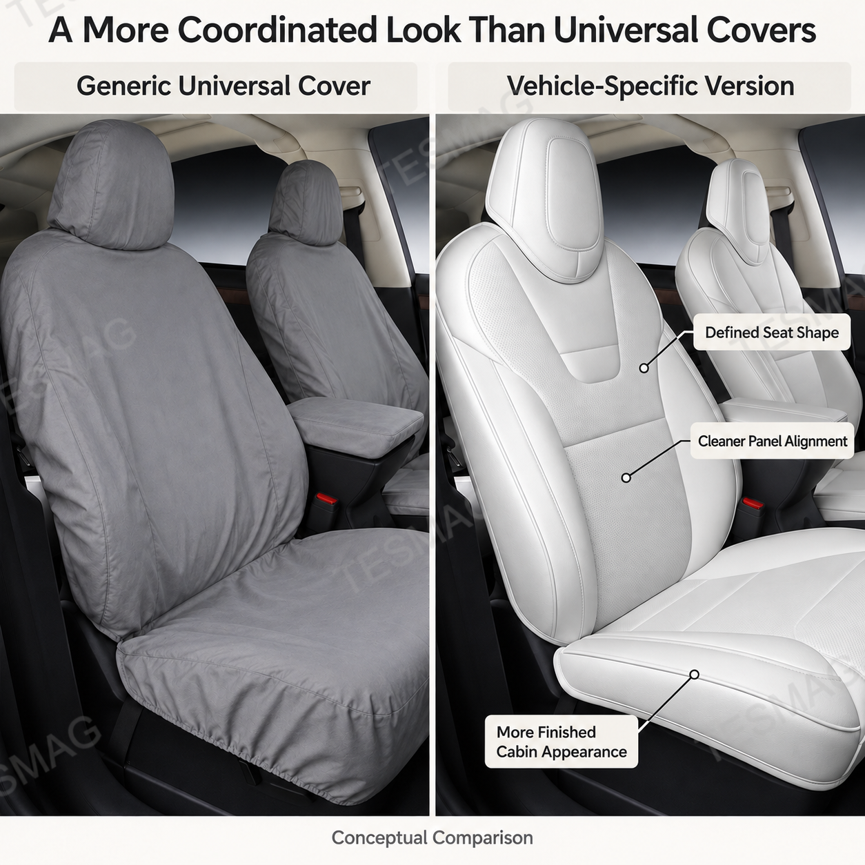 Custom-fit white Tesla seat covers vs. universal car seat covers comparison