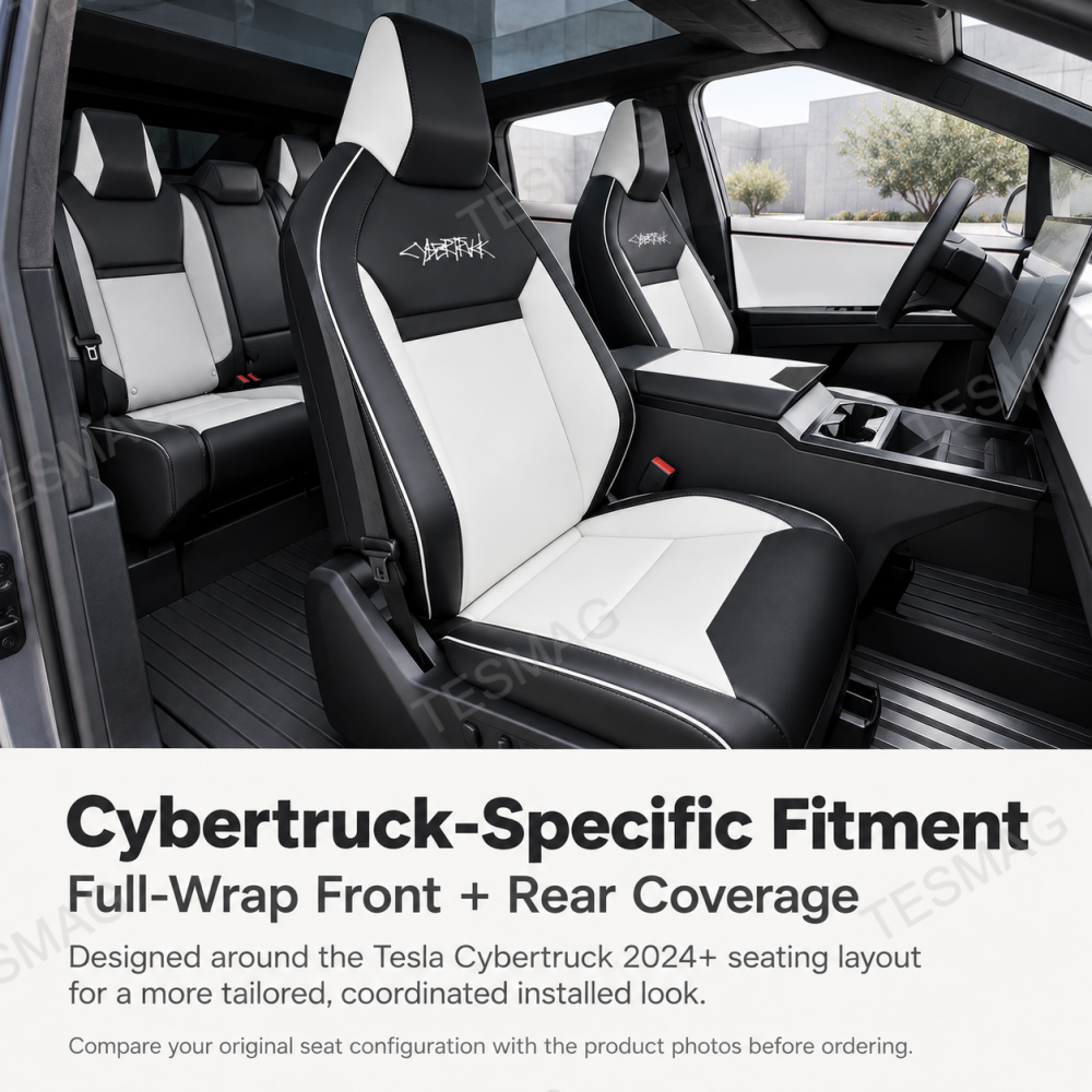 Cybertruck 2024+ full-wrap seat covers shown with front and rear fitment