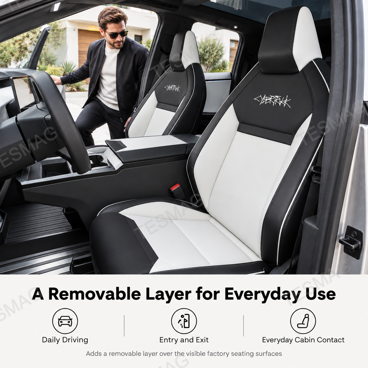 Cybertruck front seat covers shown during everyday driver entry and exit