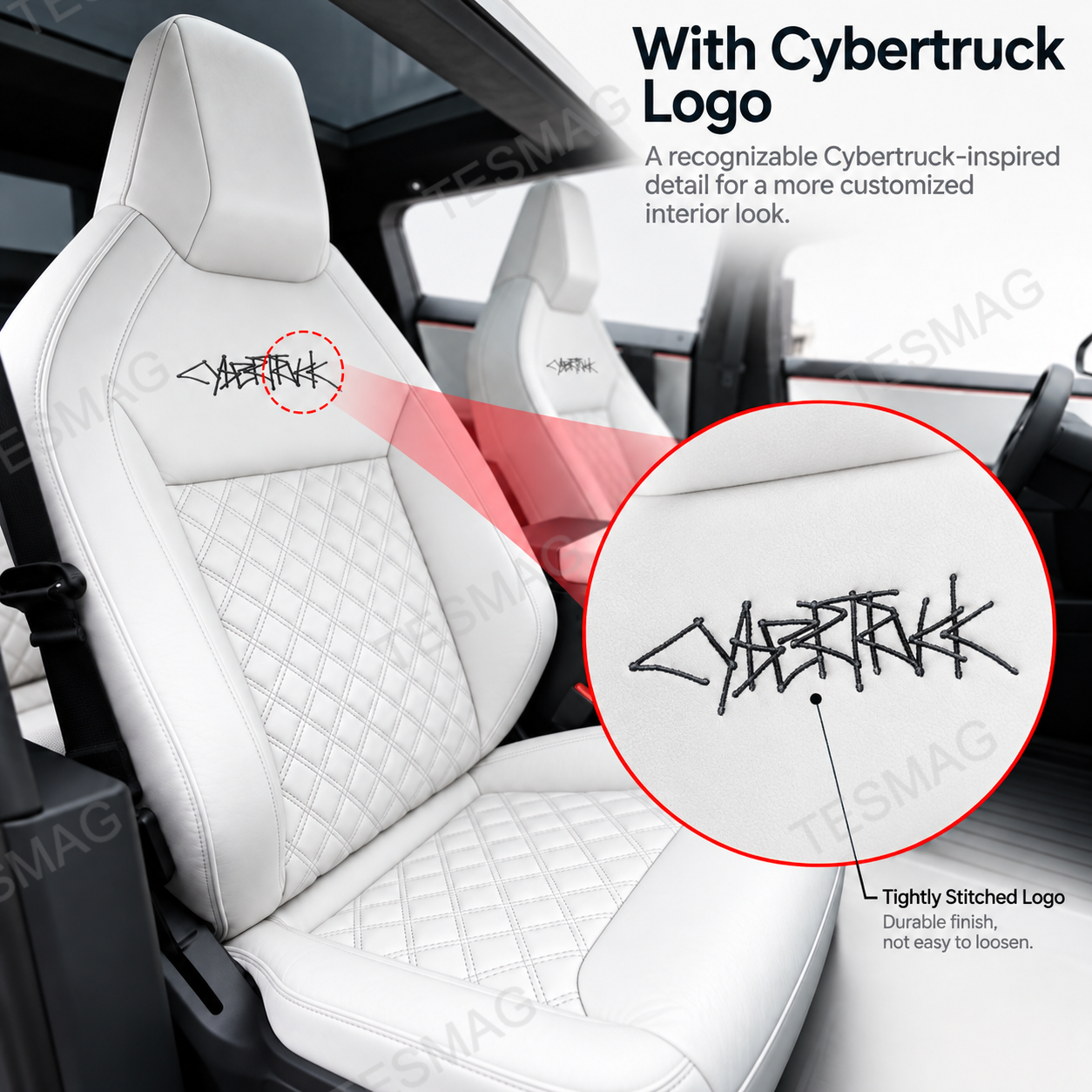 Cybertruck logo embroidery detail on a White Nappa leather front seat cover