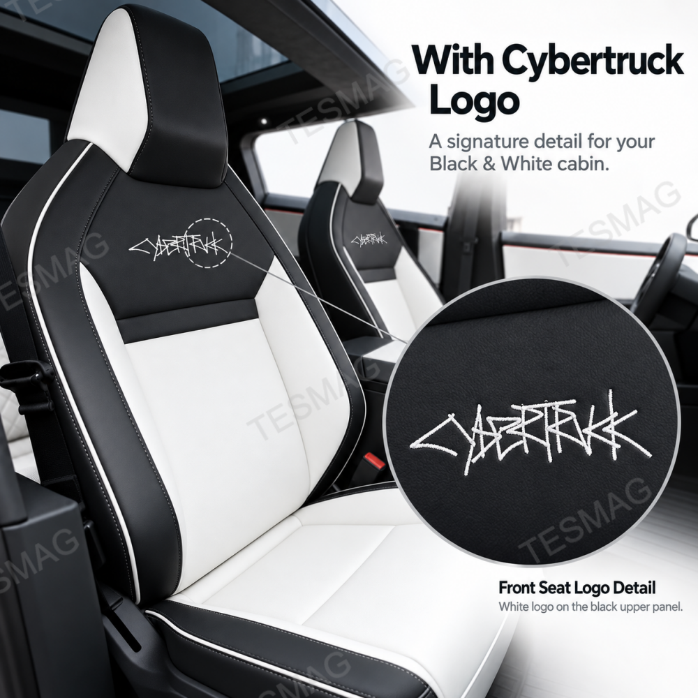 Cybertruck logo embroidery shown on black and white front seat covers