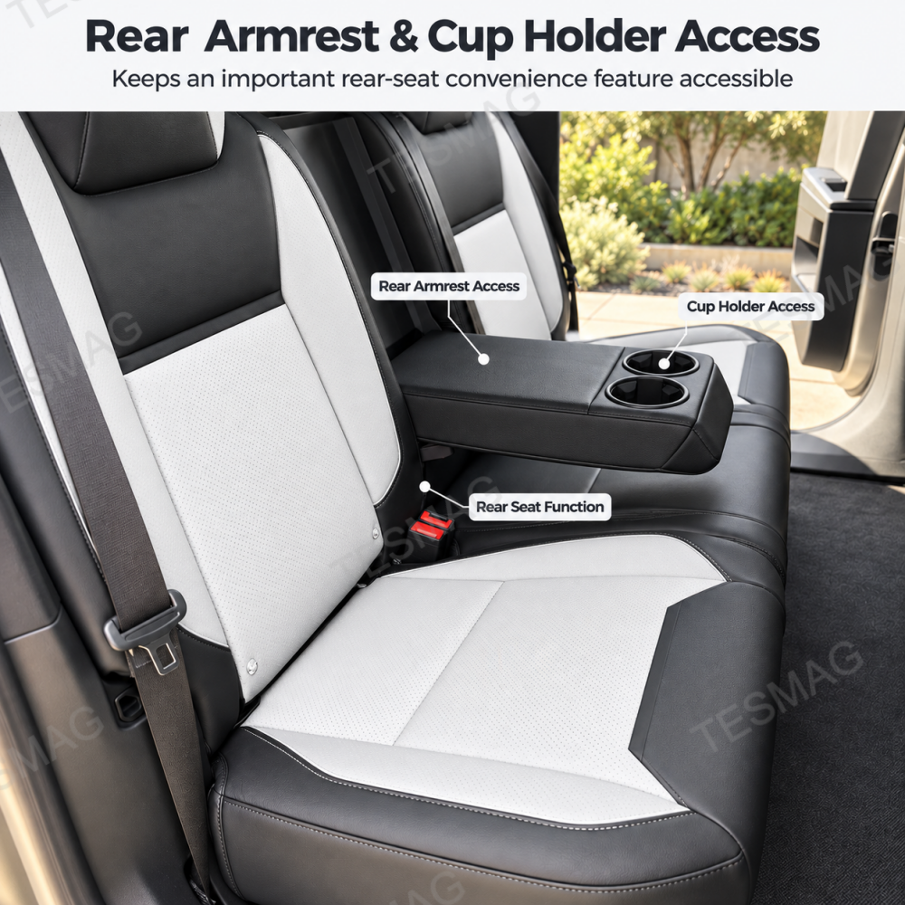 Cybertruck rear seat covers with accessible center armrest and cup holders