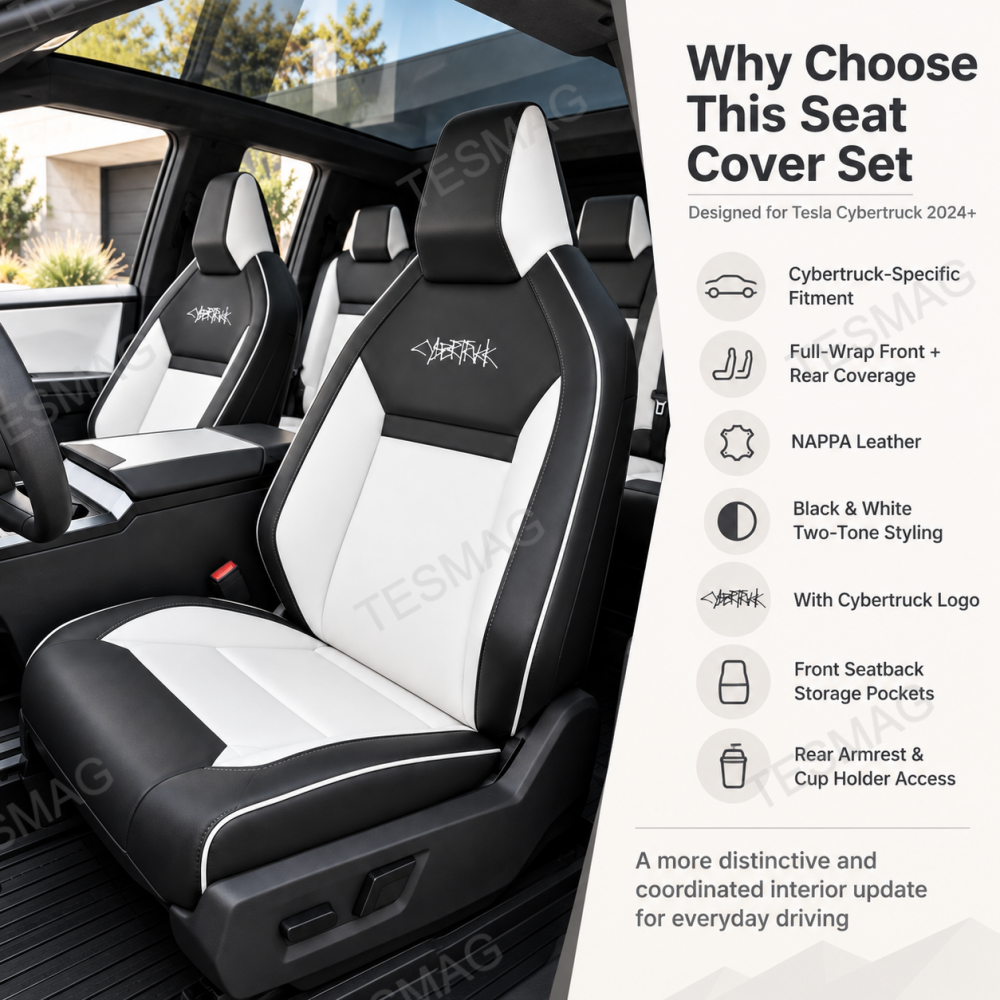 Cybertruck seat cover set highlighting fitment, full-wrap coverage and key features