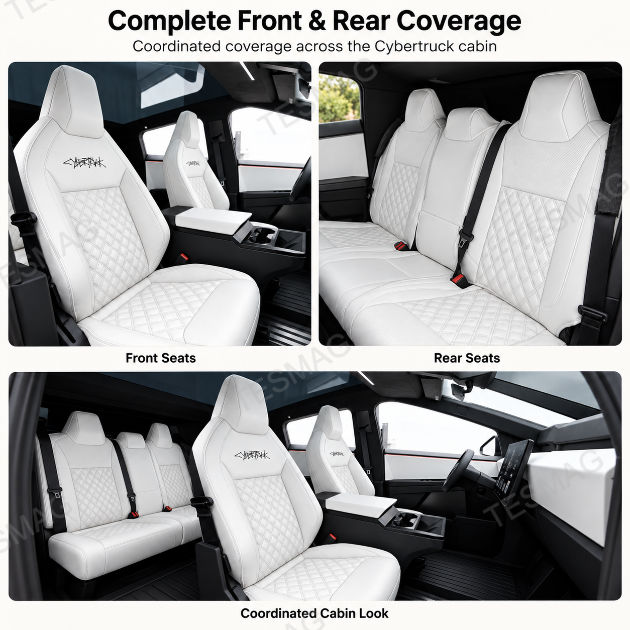 Cybertruck seat cover set showing coordinated front and rear coverage in White