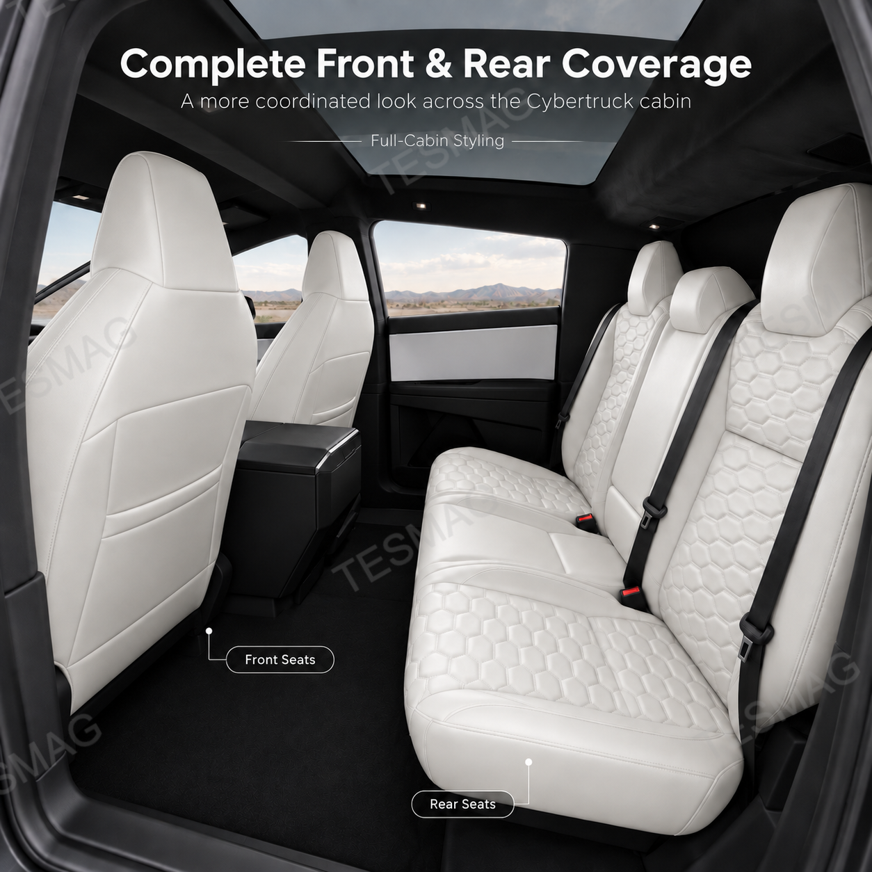 Cybertruck seat cover set showing coordinated front and rear full-wrap coverage