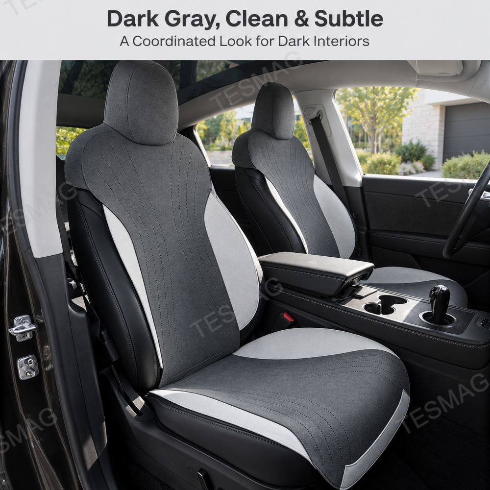 Dark gray suede front seat covers with light side panels in a Model Y Juniper