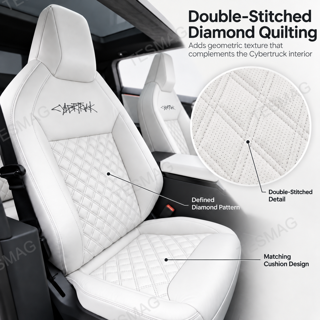 Double-stitched diamond quilting detail on a White Cybertruck seat cover
