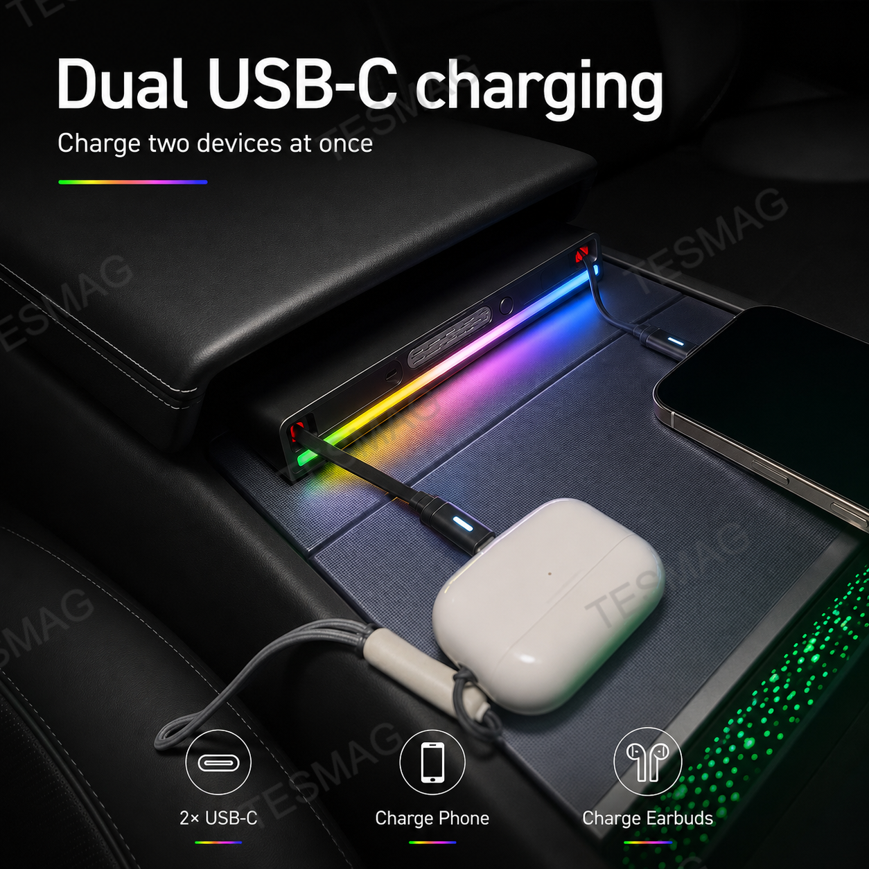 Retractable USB-C Charging Dock with RGB Light & Aroma for Tesla Model 3/Y