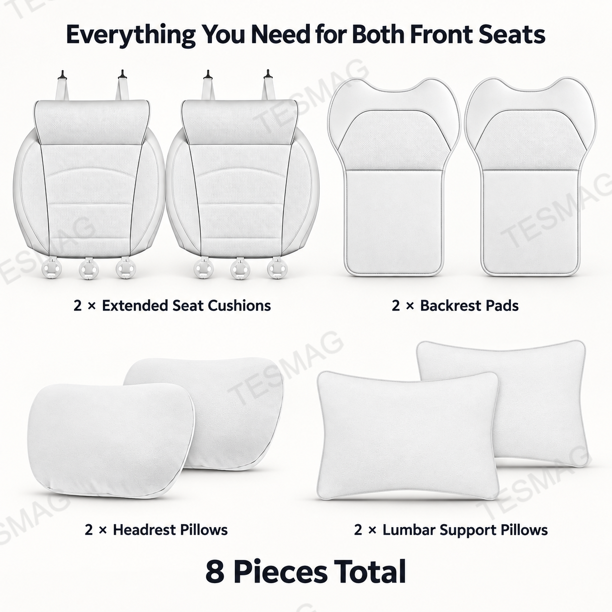 Eight-piece Tesla front seat comfort set with cushions, backrests, and pillows