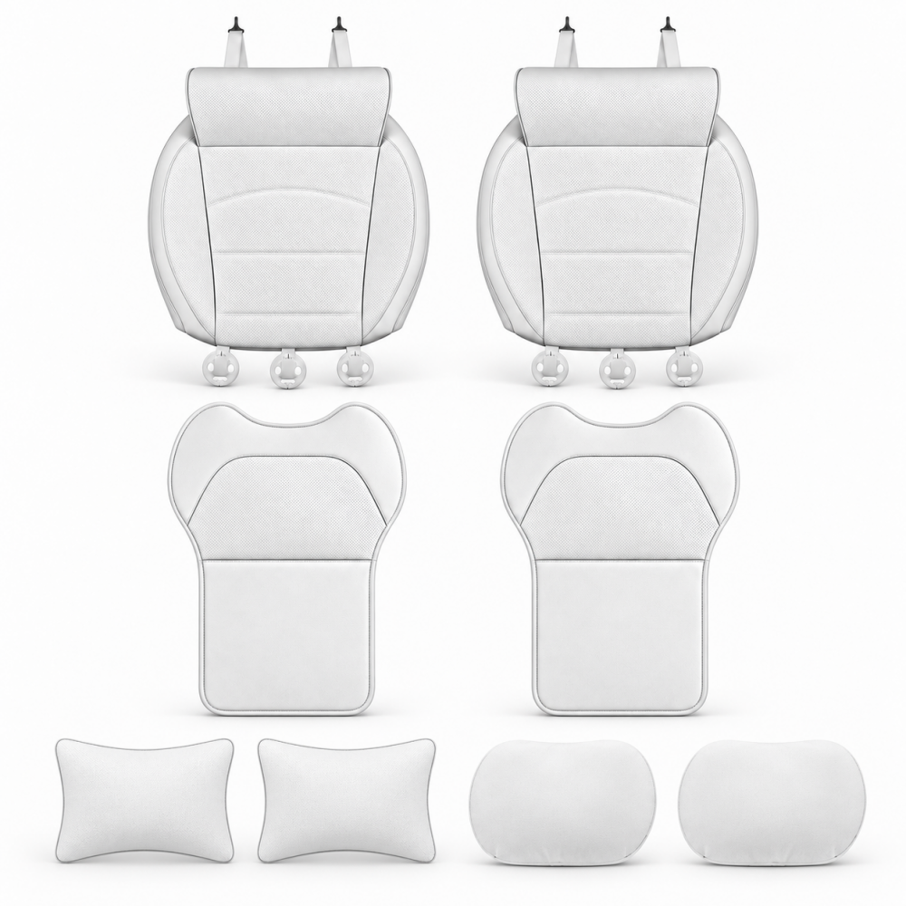 White 8-piece Tesla front seat comfort set with cushions, backrests, and pillows