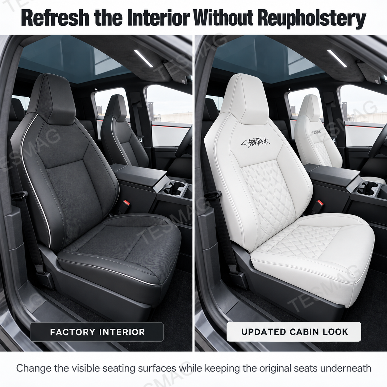 Factory Cybertruck interior compared with White diamond-quilted seat covers