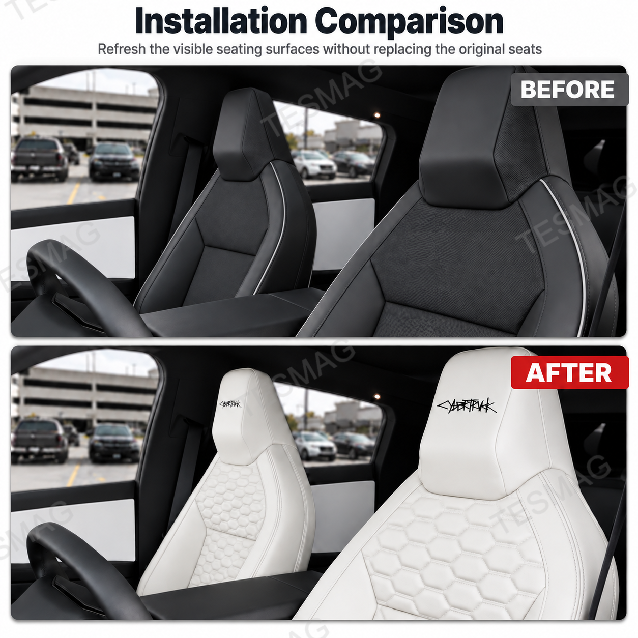 Factory Cybertruck seats compared with White hexagonal-quilted covers after installation