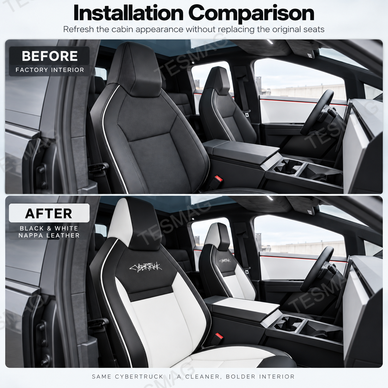Factory Cybertruck seats compared with black and white covers after installation