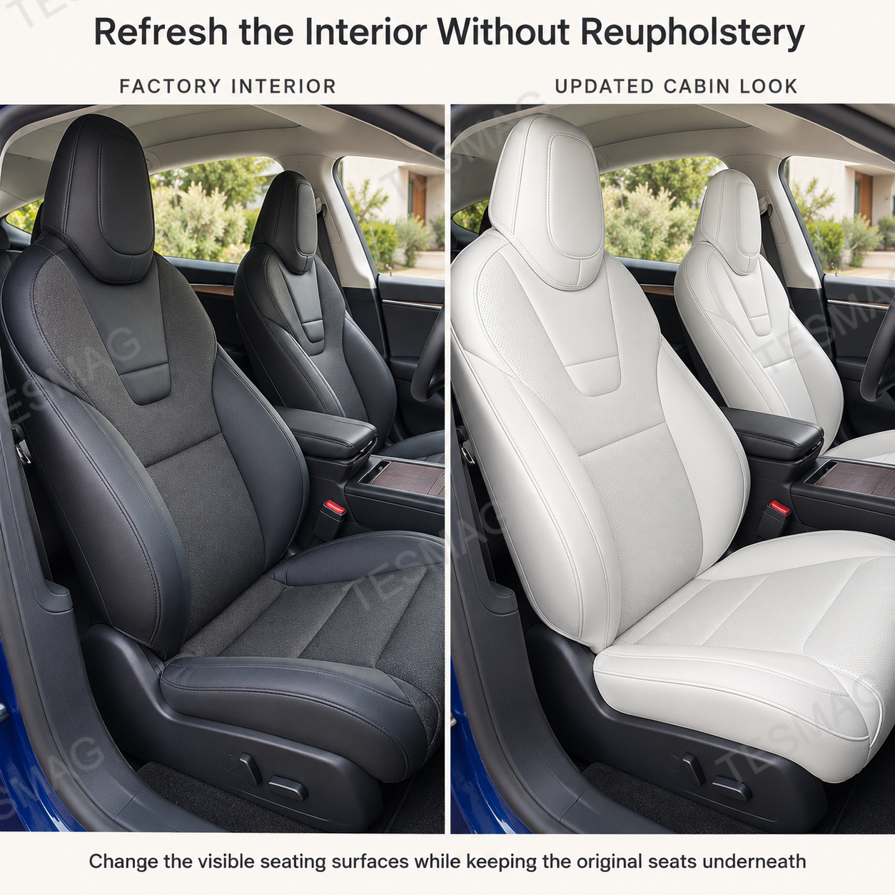 Factory Tesla interior compared with White full-wrap seat covers after installation
