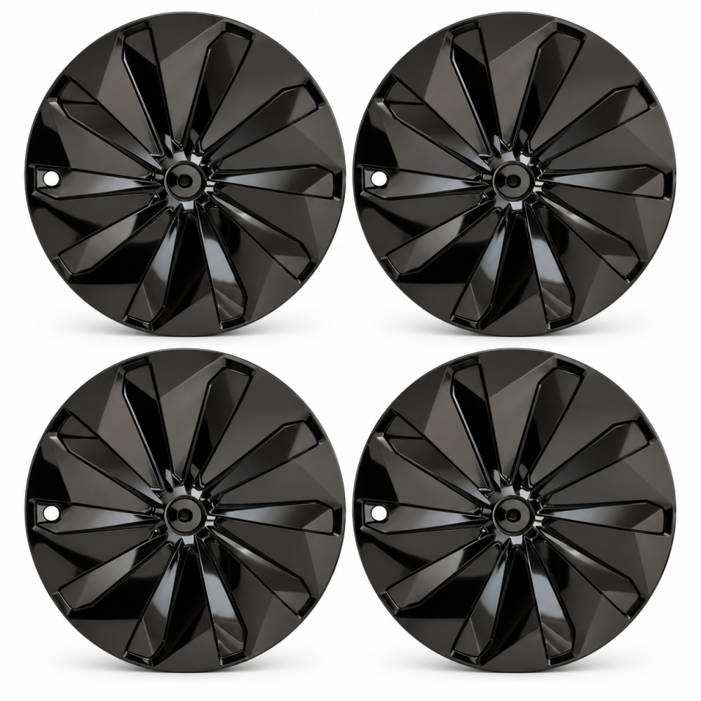 Four gloss black 19-inch Crossflow wheel covers for Tesla Model Y Juniper