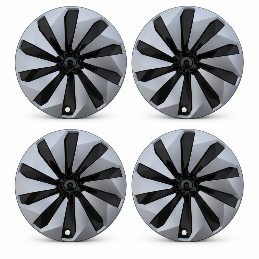 Four gray-black two-tone 19-inch Crossflow wheel covers for Tesla Model Y Juniper